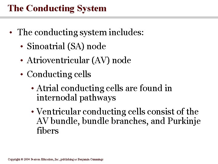 The Conducting System • The conducting system includes: • Sinoatrial (SA) node • Atrioventricular