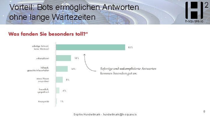 Vorteil: Bots ermöglichen Antworten ohne lange Wartezeiten Sophie Hundertmark - hundertmark@h-square. io 8 