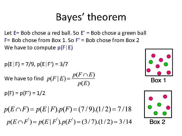 Bayes’ theorem Let E= Bob chose a red ball. So E’ = Bob chose