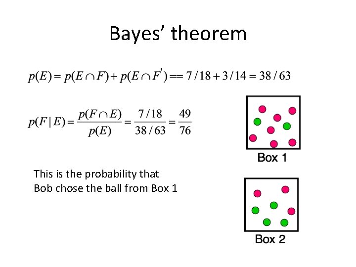 Bayes’ theorem This is the probability that Bob chose the ball from Box 1