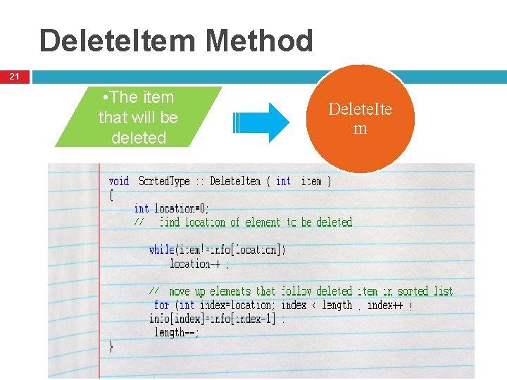 Delete. Item Method 21 • The item that will be deleted Delete. Ite m