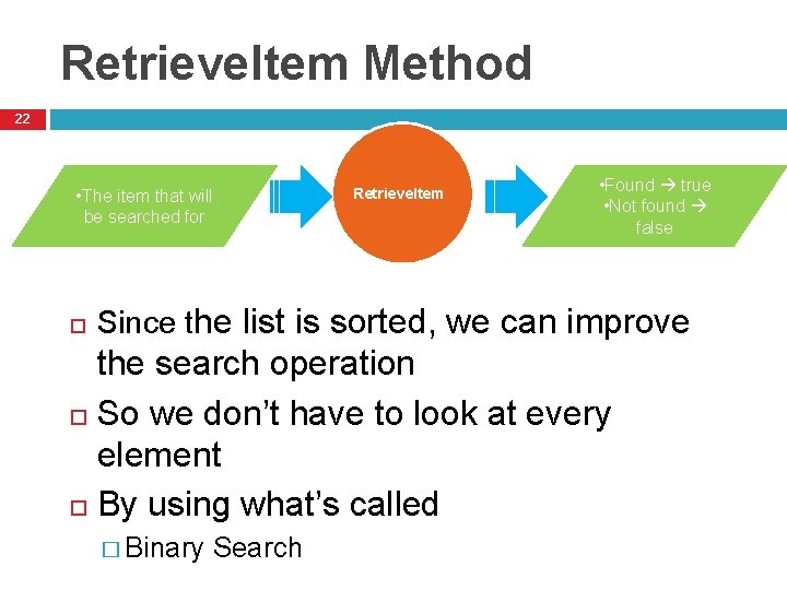 Retrieve. Item Method 22 • The item that will be searched for Retrieve. Item