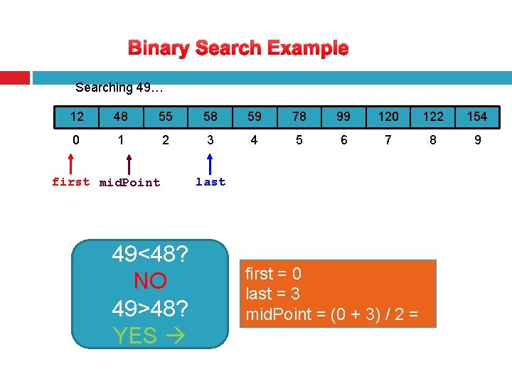 Binary Search Example Searching 49… 12 48 55 58 59 78 99 120 122