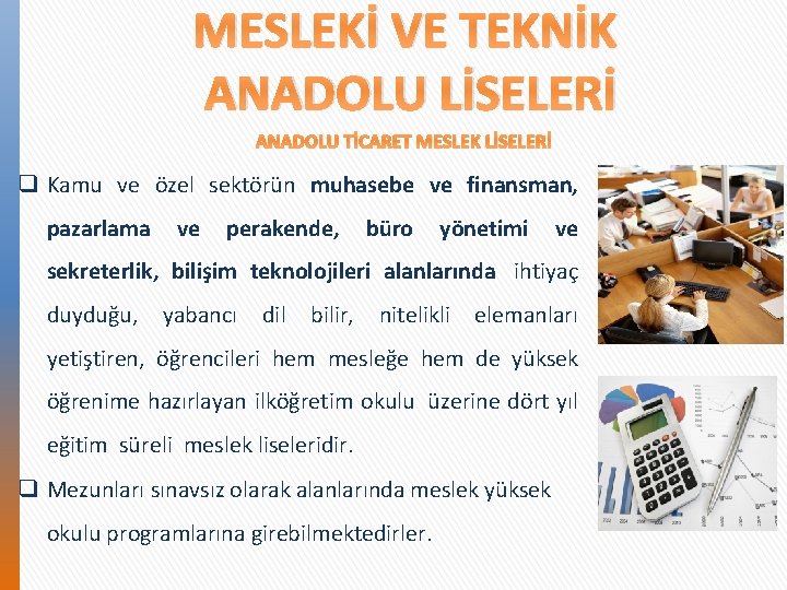 MESLEKİ VE TEKNİK ANADOLU LİSELERİ ANADOLU TİCARET MESLEK LİSELERİ q Kamu ve özel sektörün