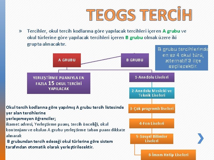 TEOGS TERCİH » Tercihler, okul tercih kodlarına göre yapılacak tercihleri içeren A grubu ve