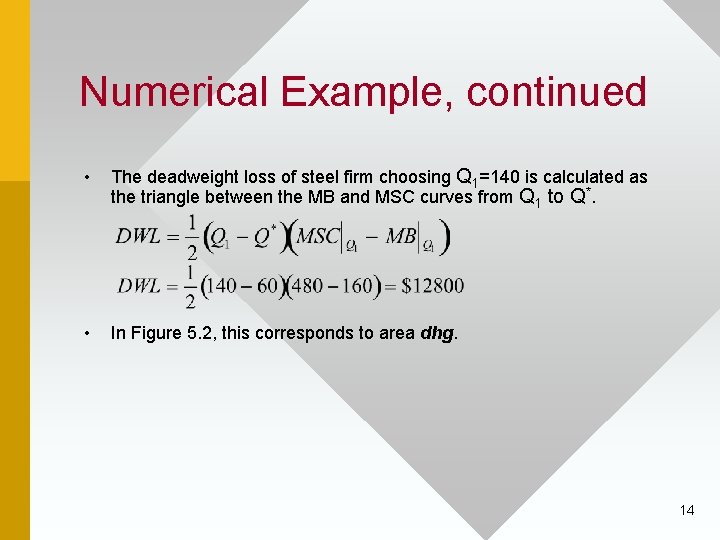 Numerical Example, continued • The deadweight loss of steel firm choosing Q 1=140 is