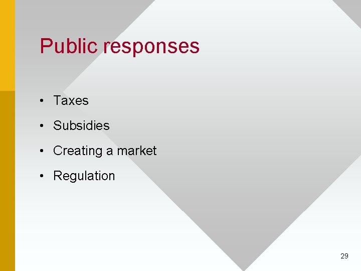 Public responses • Taxes • Subsidies • Creating a market • Regulation 29 