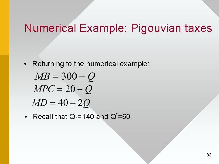 Numerical Example: Pigouvian taxes • Returning to the numerical example: • Recall that Q