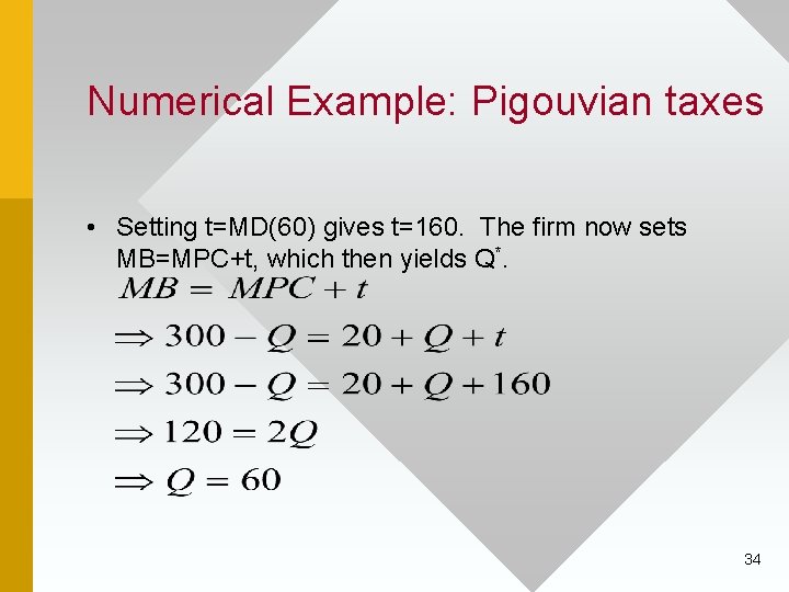 Numerical Example: Pigouvian taxes • Setting t=MD(60) gives t=160. The firm now sets MB=MPC+t,