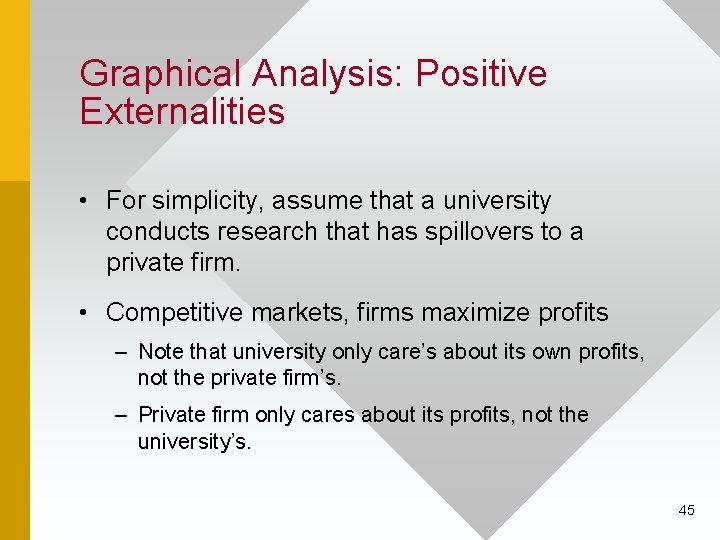 Graphical Analysis: Positive Externalities • For simplicity, assume that a university conducts research that