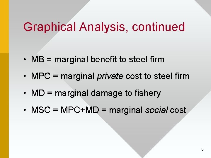 Graphical Analysis, continued • MB = marginal benefit to steel firm • MPC =