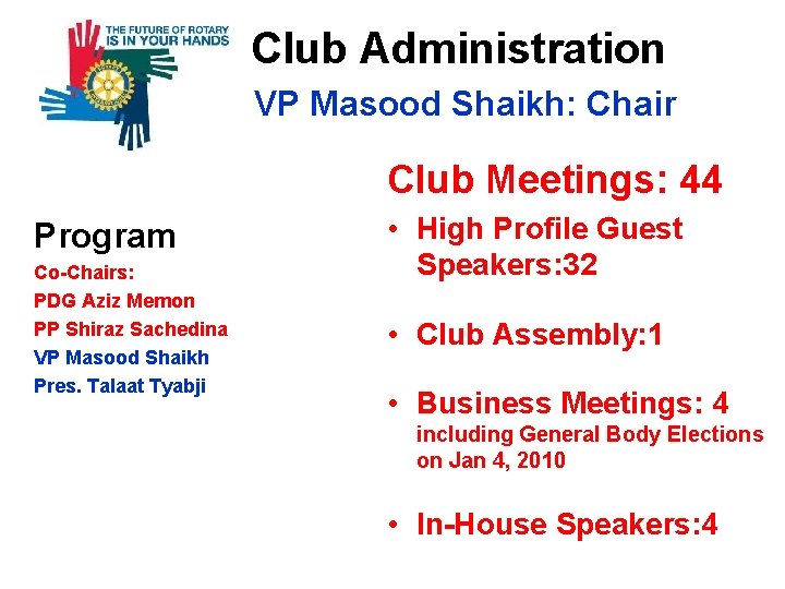 Club Administration VP Masood Shaikh: Chair Club Meetings: 44 Program Co-Chairs: PDG Aziz Memon