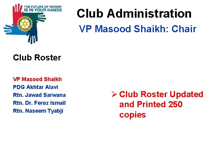 Club Administration VP Masood Shaikh: Chair Club Roster VP Masood Shaikh PDG Akhtar Alavi