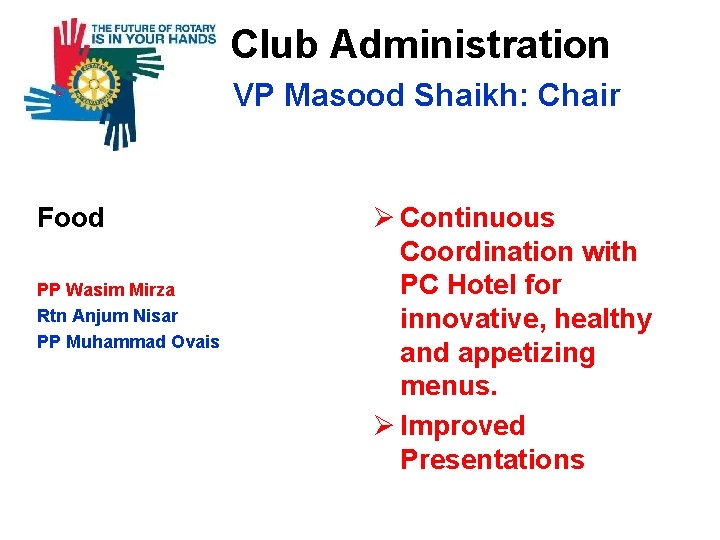  Club Administration VP Masood Shaikh: Chair Food PP Wasim Mirza Rtn Anjum Nisar