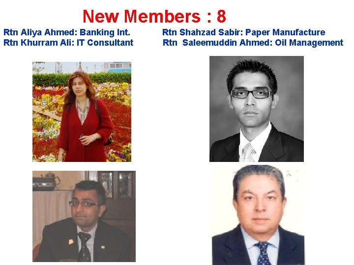  New Members : 8 Rtn Aliya Ahmed: Banking Int. Rtn Shahzad Sabir: Paper