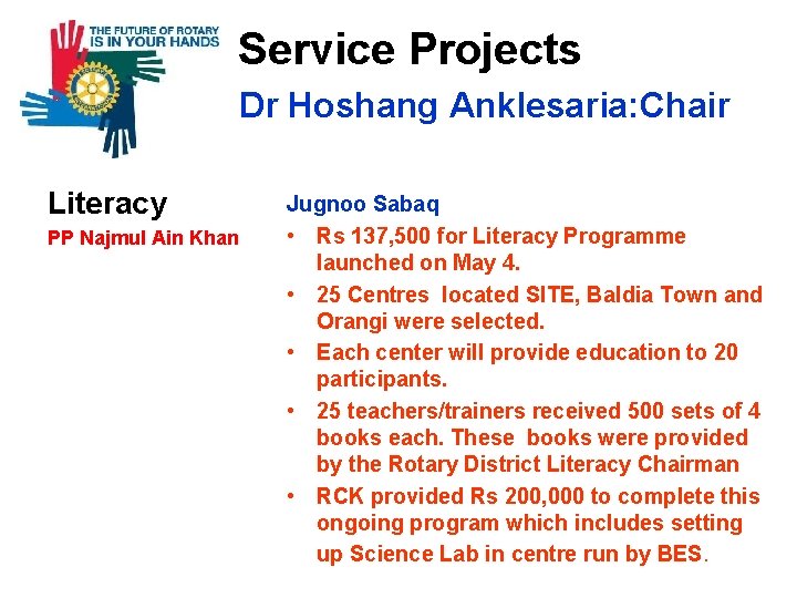  Service Projects Dr Hoshang Anklesaria: Chair Literacy PP Najmul Ain Khan Jugnoo Sabaq