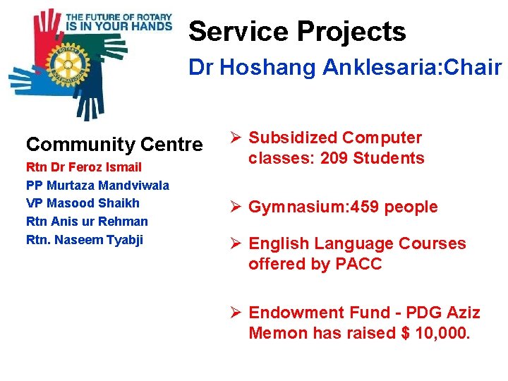  Service Projects Dr Hoshang Anklesaria: Chair Community Centre Rtn Dr Feroz Ismail PP