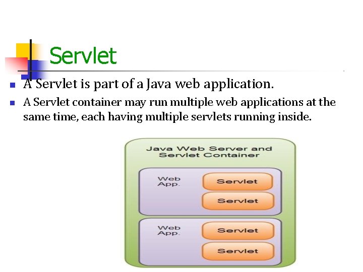 Servlet A Servlet is part of a Java web application. A Servlet container may