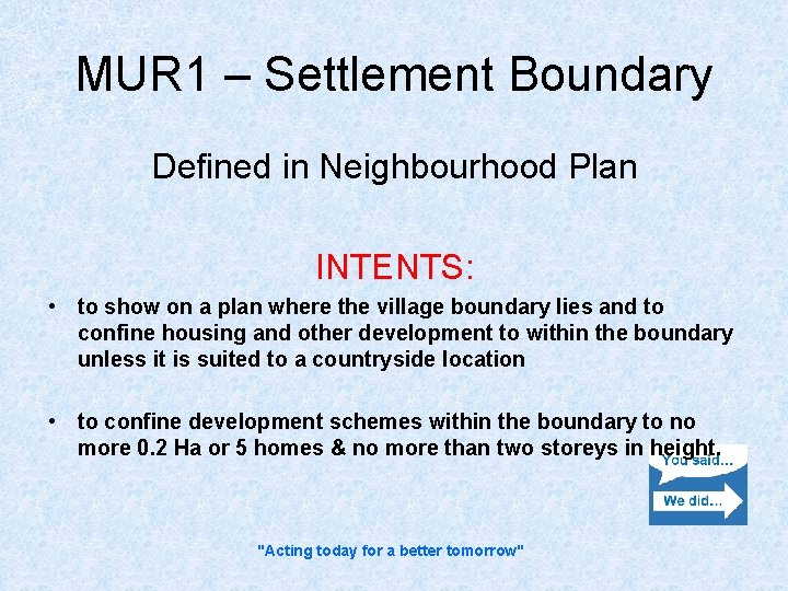 MUR 1 – Settlement Boundary Defined in Neighbourhood Plan INTENTS: • to show on