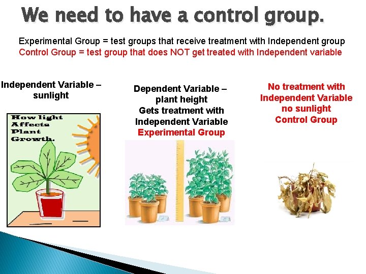 We need to have a control group. Experimental Group = test groups that receive