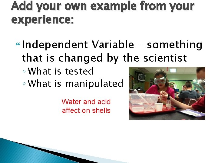 Add your own example from your experience: Independent Variable – something that is changed