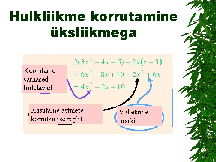 Hulkliikme korrutamine üksliikmega Koondame sarnased liidetavad Kasutame astmete korrutamise reglit Vahetame märki 