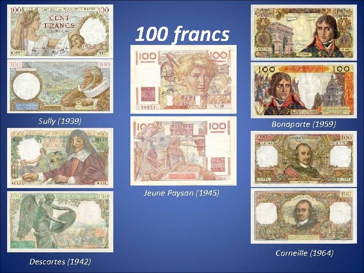 100 francs Sully (1939) Bonaparte (1959) Jeune Paysan (1945) Descartes (1942) Corneille (1964) 