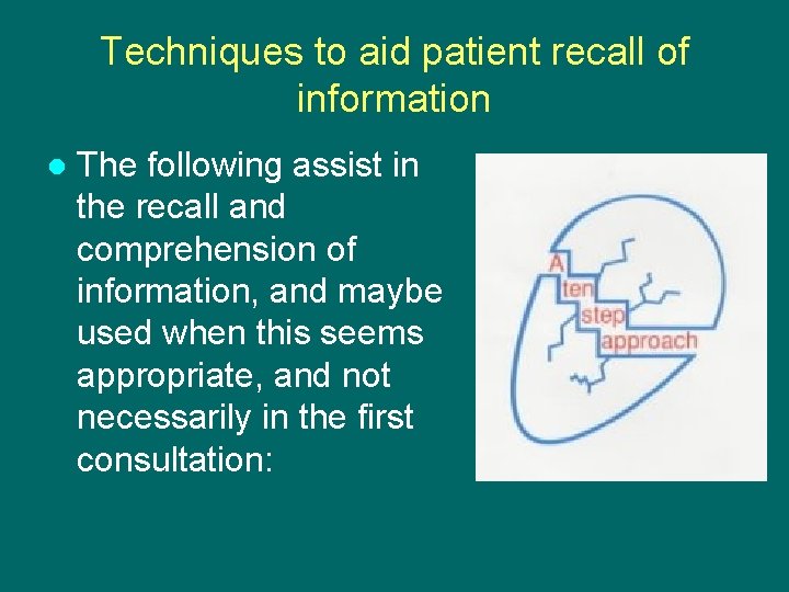 Techniques to aid patient recall of information l The following assist in the recall Techniques to aid patient recall of information l The following assist in the recall
