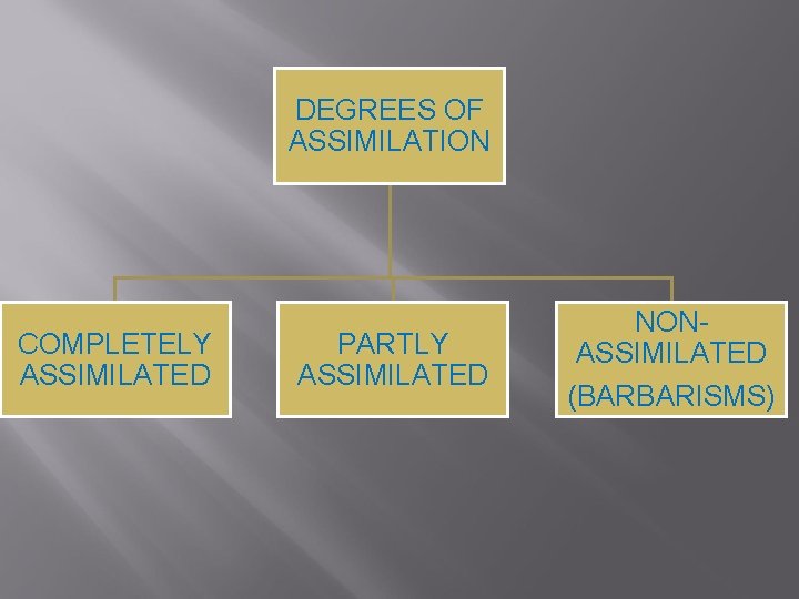 DEGREES OF ASSIMILATION COMPLETELY ASSIMILATED PARTLY ASSIMILATED NONASSIMILATED (BARBARISMS) 