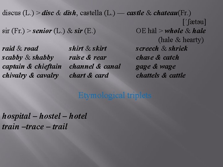 discus (L. ) > disc & dish, castella (L. ) — castle & chateau(Fr.