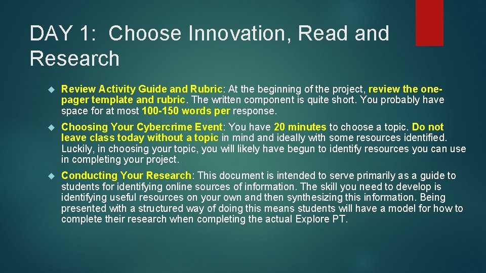 DAY 1: Choose Innovation, Read and Research Review Activity Guide and Rubric: At the