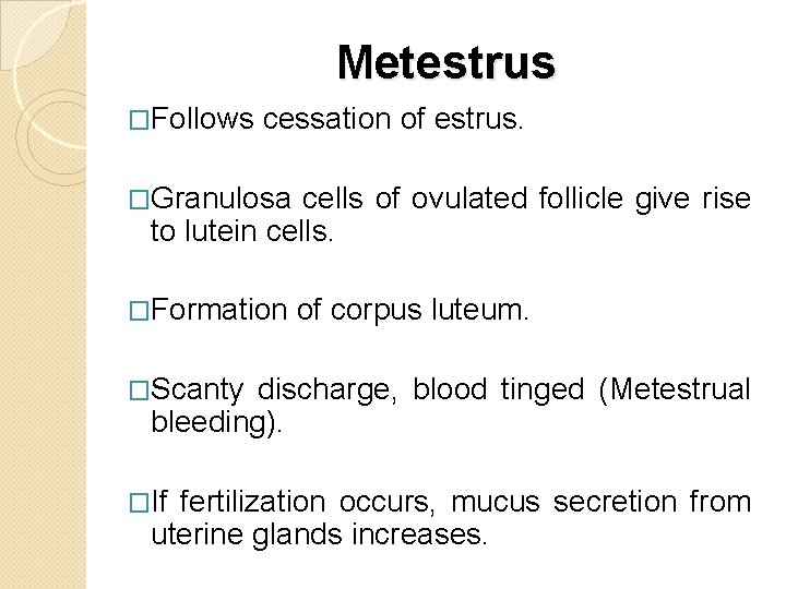 Metestrus �Follows cessation of estrus. �Granulosa cells of ovulated follicle give rise to lutein