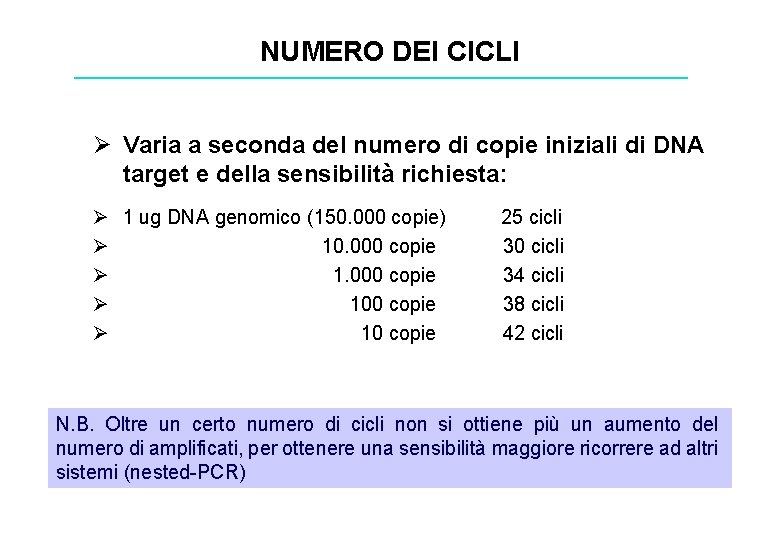 NUMERO DEI CICLI Ø Varia a seconda del numero di copie iniziali di DNA