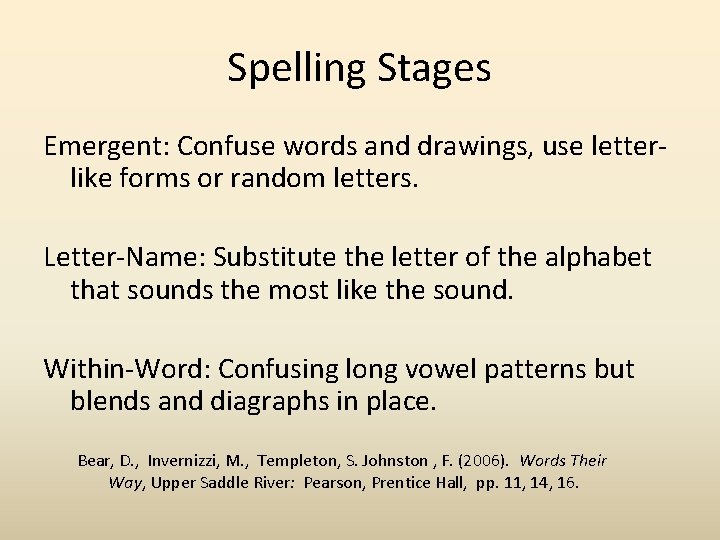 Spelling Stages Emergent: Confuse words and drawings, use letterlike forms or random letters. Letter-Name: