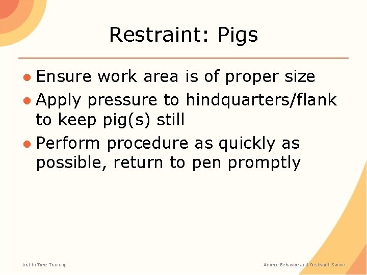 Restraint: Pigs ● Ensure work area is of proper size ● Apply pressure to