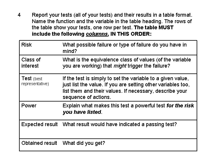 4 Report your tests (all of your tests) and their results in a table