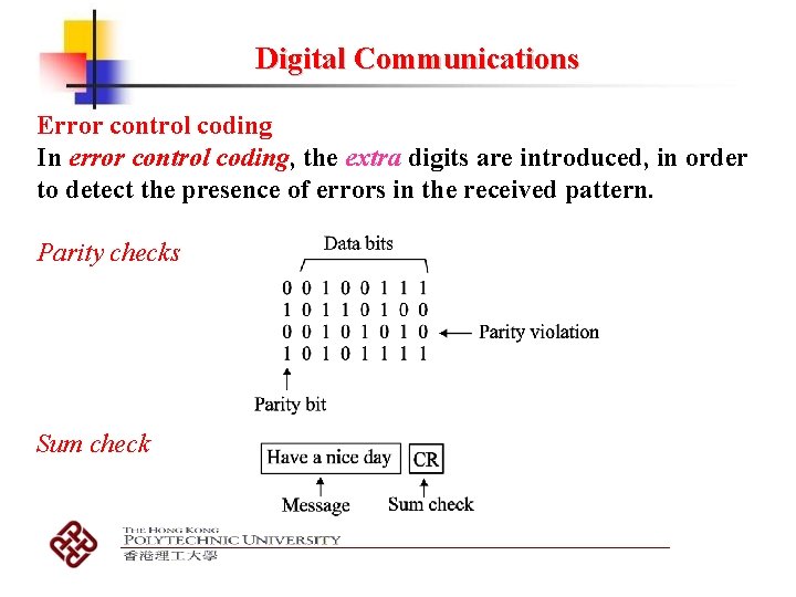 Digital Communications Error control coding In error control coding, the extra digits are introduced,