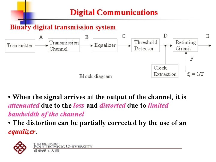 Digital Communications Binary digital transmission system • When the signal arrives at the output