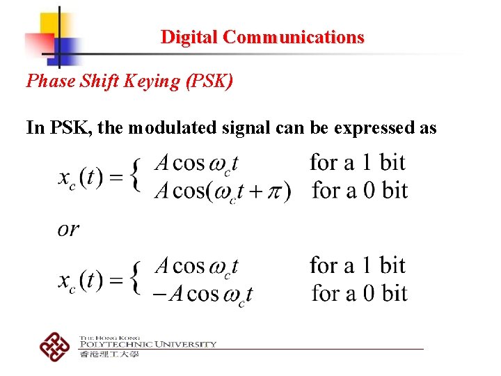 Digital Communications Phase Shift Keying (PSK) In PSK, the modulated signal can be expressed Digital Communications Phase Shift Keying (PSK) In PSK, the modulated signal can be expressed