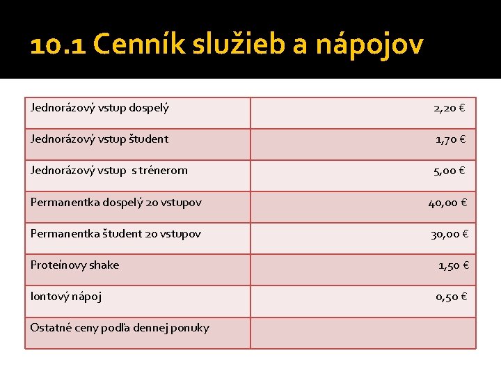 10. 1 Cenník služieb a nápojov Jednorázový vstup dospelý 2, 2 o € Jednorázový