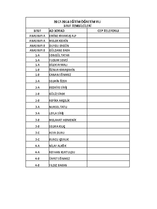 SINIF 2017 -2018 EĞİTİM ÖĞRETİM YILI SINIF TEMSİLCİLERİ AD SOYAD CEP TELEFONU ANASINIFI A