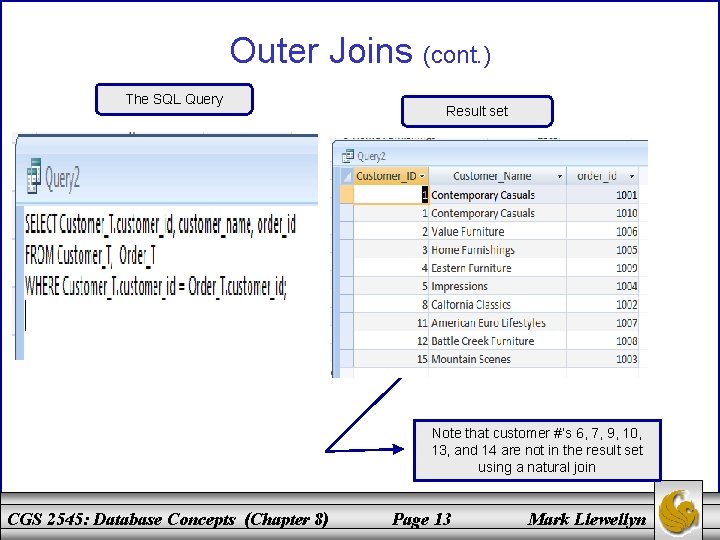 Outer Joins (cont. ) The SQL Query Result set Note that customer #’s 6,