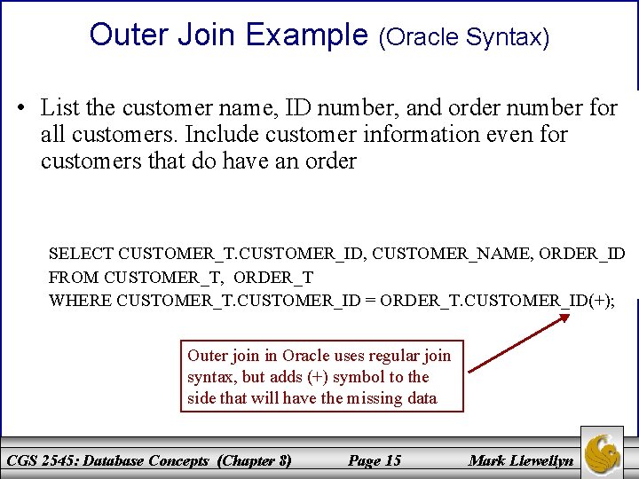 Outer Join Example (Oracle Syntax) • List the customer name, ID number, and order