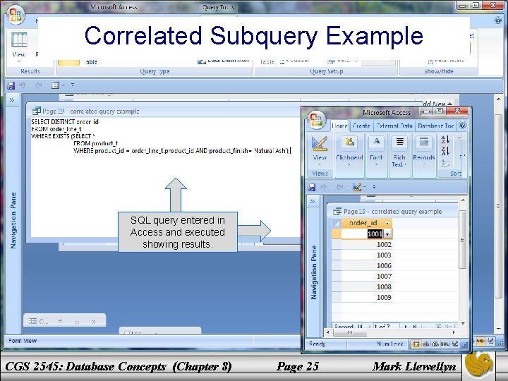 Correlated Subquery Example SQL query entered in Access and executed showing results. CGS 2545: