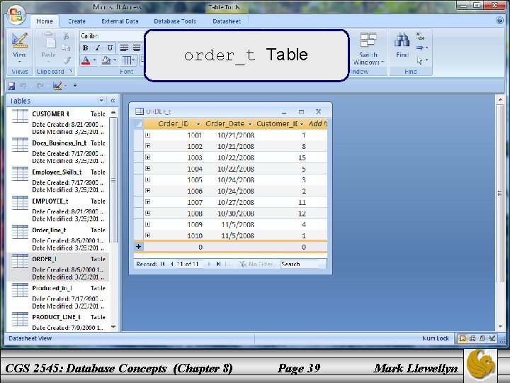 order_t Table CGS 2545: Database Concepts (Chapter 8) Page 39 Mark Llewellyn 