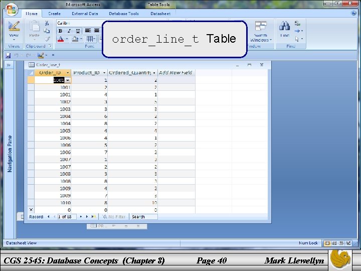 order_line_t Table CGS 2545: Database Concepts (Chapter 8) Page 40 Mark Llewellyn 