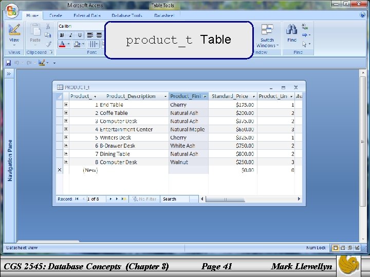 product_t Table CGS 2545: Database Concepts (Chapter 8) Page 41 Mark Llewellyn 