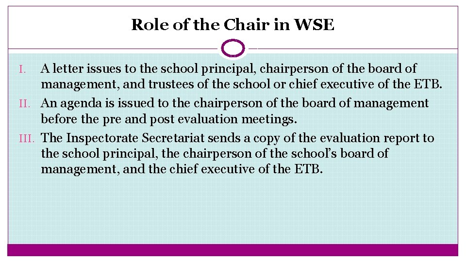 Role of the Chair in WSE A letter issues to the school principal, chairperson