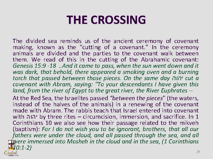 THE CROSSING The divided sea reminds us of the ancient ceremony of covenant making,