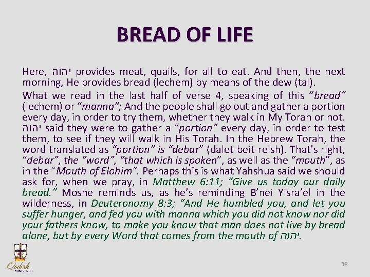 BREAD OF LIFE Here, יהוה provides meat, quails, for all to eat. And then,